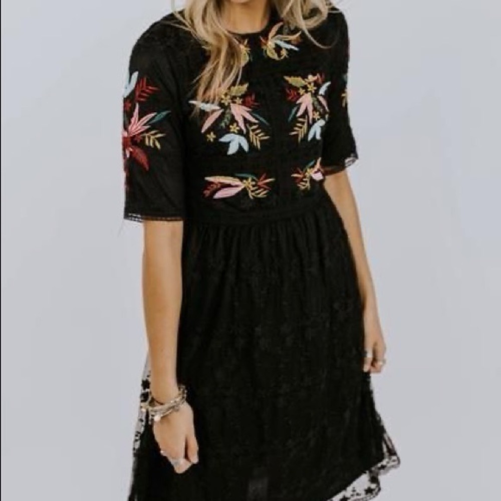 ROOLEE Black Dress with Multicolor Lace/Embroidery Size S